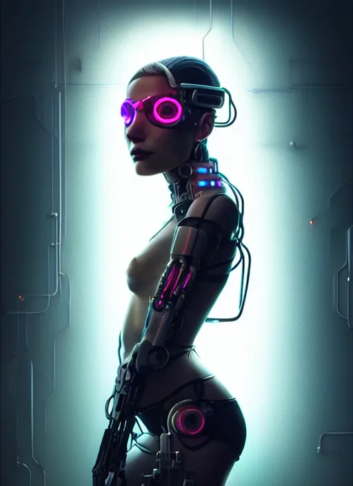 Image similar to portrait of female cyberpunk humanoid, asymmetric, intricate, elegant, cyber neon lights, highly detailed, digital photography, artstation, glamor pose, concept art, smooth, sharp focus, art by artgerm and greg rutkowski