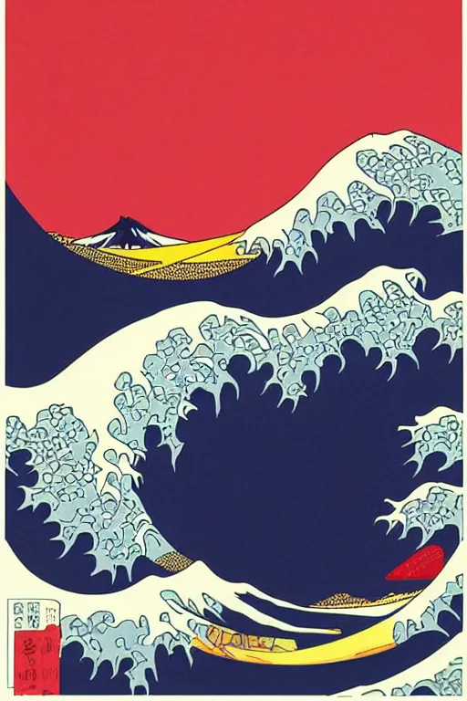 Image similar to Patrick Nagel Poster Illustration of The Great Wave off Kanagawa, sunset in the background and mount fuji