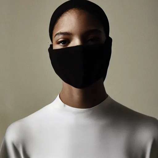 Image similar to realistic photoshooting for a new balenciaga lookbook, color film photography, portrait of a beautiful woman, model is wearing a balaclava mask, in style of tyler mitchell, 3 5 mm,