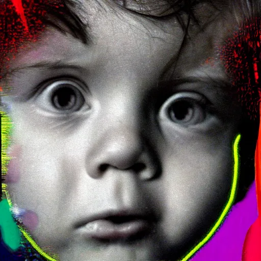 Prompt: sad kid. close up. Heavy digital glitch artefacts