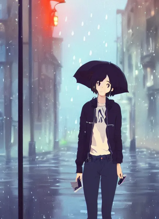 Image similar to listening to music at 2 am, night, pretty girl, pose, rain, lofi, lofi, peaceful, street light, anime key visual, poster, street wears, anime, by ghibli, ghibli studio high quality, 4 k, trending, trending on artstation