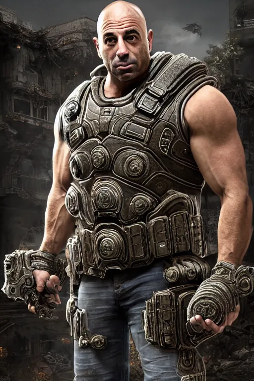 Image similar to Joe Rogan as a smiling muscular Gears of War character, photorealism, full body, HDR ambient background, unreal engine 5, hyperrealistic, highly detailed, XF IQ4, 150MP, 50mm, F1.4, ISO 200, 1/160s, cinematical light, Adobe Lightroom, photolab, Affinity Photo, PhotoDirector 365, realistic