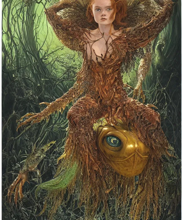Prompt: portrait photograph of a fierce sadie sink as an alien harpy queen with slimy amphibian skin. she is trying on evil bulbous slimy organic membrane fetish fashion and transforming into a fiery succubus amphibian villian owl. by donato giancola, walton ford, ernst haeckel, brian froud, hr giger. 8 k, cgsociety
