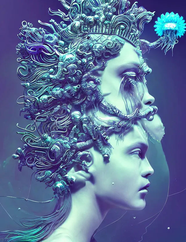 Image similar to goddess macro close - up portrait wigh crown made of ram skull. betta fish, jellyfish phoenix, bioluminiscent, plasma, ice, water, wind, creature, super intricate ornaments artwork by tooth wu and wlop and beeple and greg rutkowski