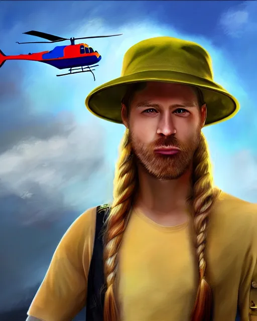 Prompt: colorful painting of a man with long blond hair with a helicopter hat, no beard, matte painting, trending on art station, ultra - detailed, hq