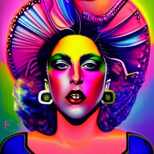 Prompt: colorful vaporwave lady gaga art deco portrait, an ultrafine detailed painting by rafal olbinski, thomas cole, behance contest winner, pop surrealism, detailed painting, very detailed, minimalist, skeuomorphic, airbrush art