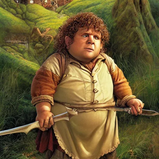 Prompt: chubby valiant hobbit Samwise Gamgee by Mark Brooks, Donato Giancola, Victor Nizovtsev, Scarlett Hooft, Graafland, Chris Moore