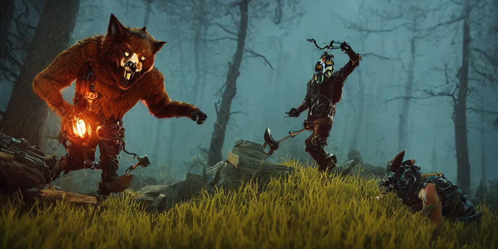 Image similar to woodsman wearing a steampunk and neonpunk mechanical fluorescent mystical animal mask in strange misty mountain landscape fight with werewolf, night, realism in style of fornite game, 4 k, octane render, award winning photograph, epic cinematic shot, perfectly defined features, ambient occlusion