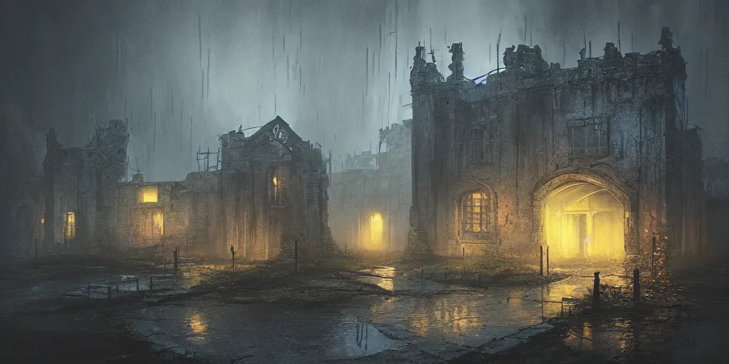 Prompt: beautiful render of abandoned caastle, by lee madgwick and hubert robert, puddles of water, blade runner style, neon glow, vivid color, moody lighting, unreal engine, foggy