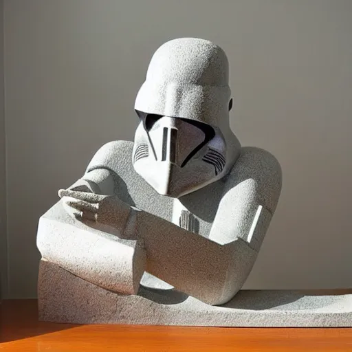 Image similar to minimalist, muted by aquirax uno star wars. a beautiful sculpture. i grew up on a farm. we worked the land. i helped dad program the agribots.