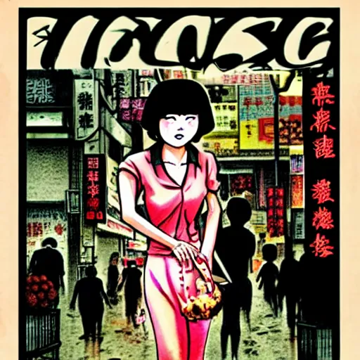 Image similar to glossy old advertising poster, young woman walking through crowded hong kong street, vendors, zombies, horror, drawn comic by junji ito, pastels, gradient