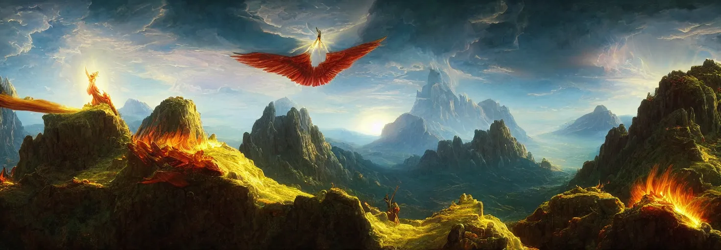 Prompt: Icarus with his wings on fire spiraling down as Daedalus bows his head in disbelief from the mountains below. in the style of a surreal and awe-inspiring Thomas Cole and Bruce Pennington digital art panorama landscape painting. unreal engine, 4k, matte, exquisite detail