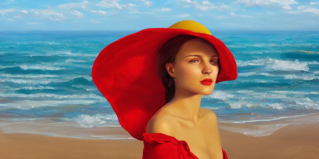 Image similar to beautiful oil matte portrait painting, young woman with red dress and mustard yellow summer hat at a beach on a sunny day, wonderful masterpiece highly detailed, beautiful cinematic light deep focus, elegant, digital painting, smooth, sharp focus, golden ratio, dramatic illumination, ultra realistic, 8 k, art by jimmy law