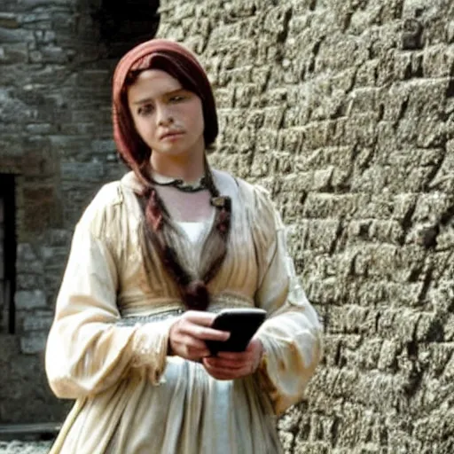 Prompt: scene from a 2 0 1 0 film set in 1 3 0 0 showing a woman using a mobile phone