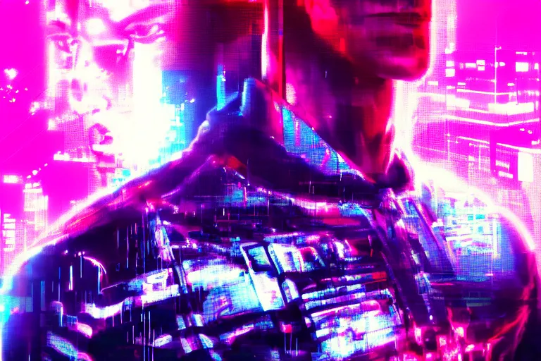 Prompt: a digital portrait of john cena, cyberpunk, glitchcore, synthwave art, artstation art, night, professional light