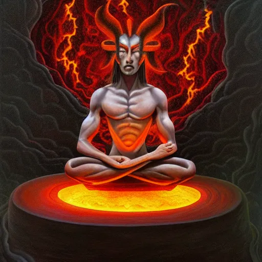 Image similar to a demon meditating near a zen garden with a lava waterfall in hell and opening a portal to heaven by amanda sage and anton semenov, oil on canvas 8k, dramatic lighting