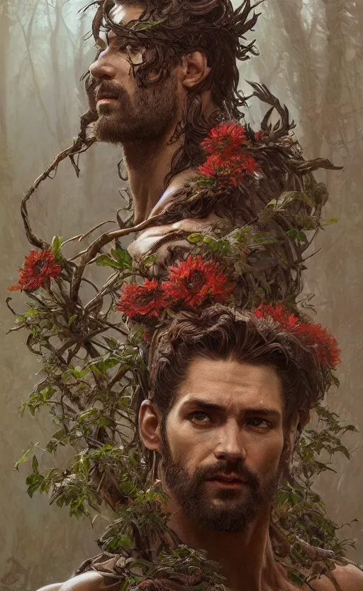 Image similar to god of the forest, 3 0 years old, rugged, male, gorgeous, detailed face, amazing, full body, flowers, muscular, intricate, highly detailed, digital painting, artstation, concept art, sharp focus, illustration, art by greg rutkowski and alphonse mucha