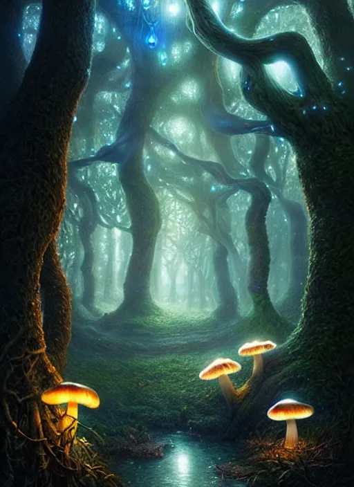 Prompt: an enchanted forest at night illuminated by glowing mushrooms, diffuse lighting, fantasy, intricate, surrealism!!!!, highly detailed, lifelike, photorealistic, digital painting, artstation, illustration, concept art, smooth, sharp focus, by greg rutkowski, chris tulloch mccabe, valentina remenar and asher duran,