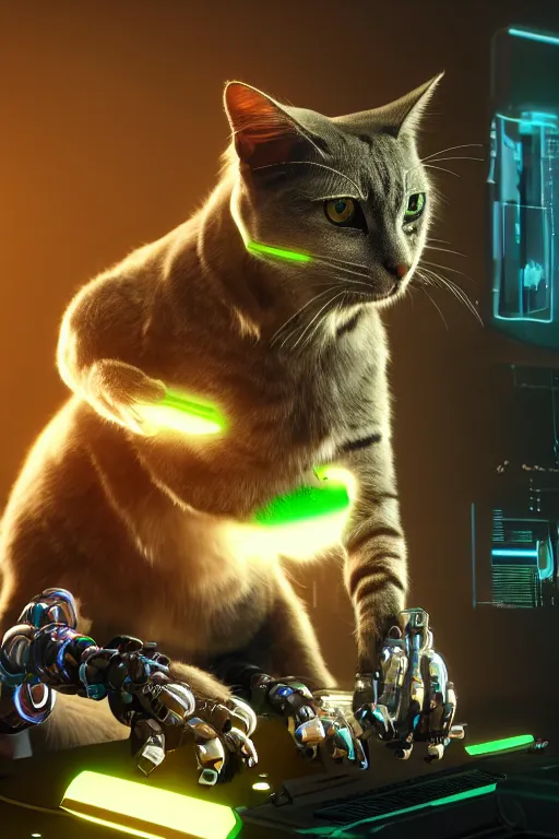 Image similar to robotic cat with a computer mouse in his mouth. cinematic, cyberpunk, digital art, blender, octane render, volumetric lighting, 8 k, detailed, trending on artstation