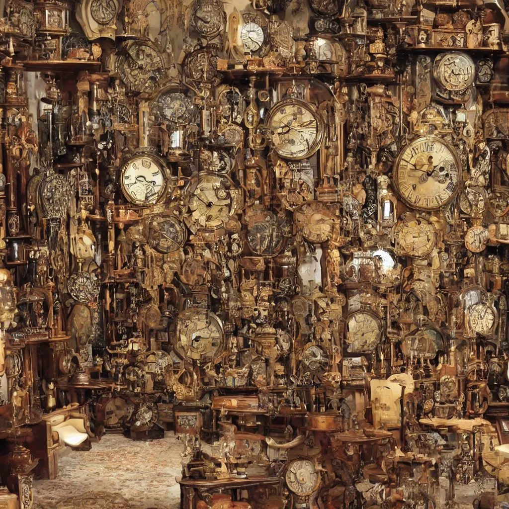 Prompt: an ultra realistic room made entirely out of antique clocks