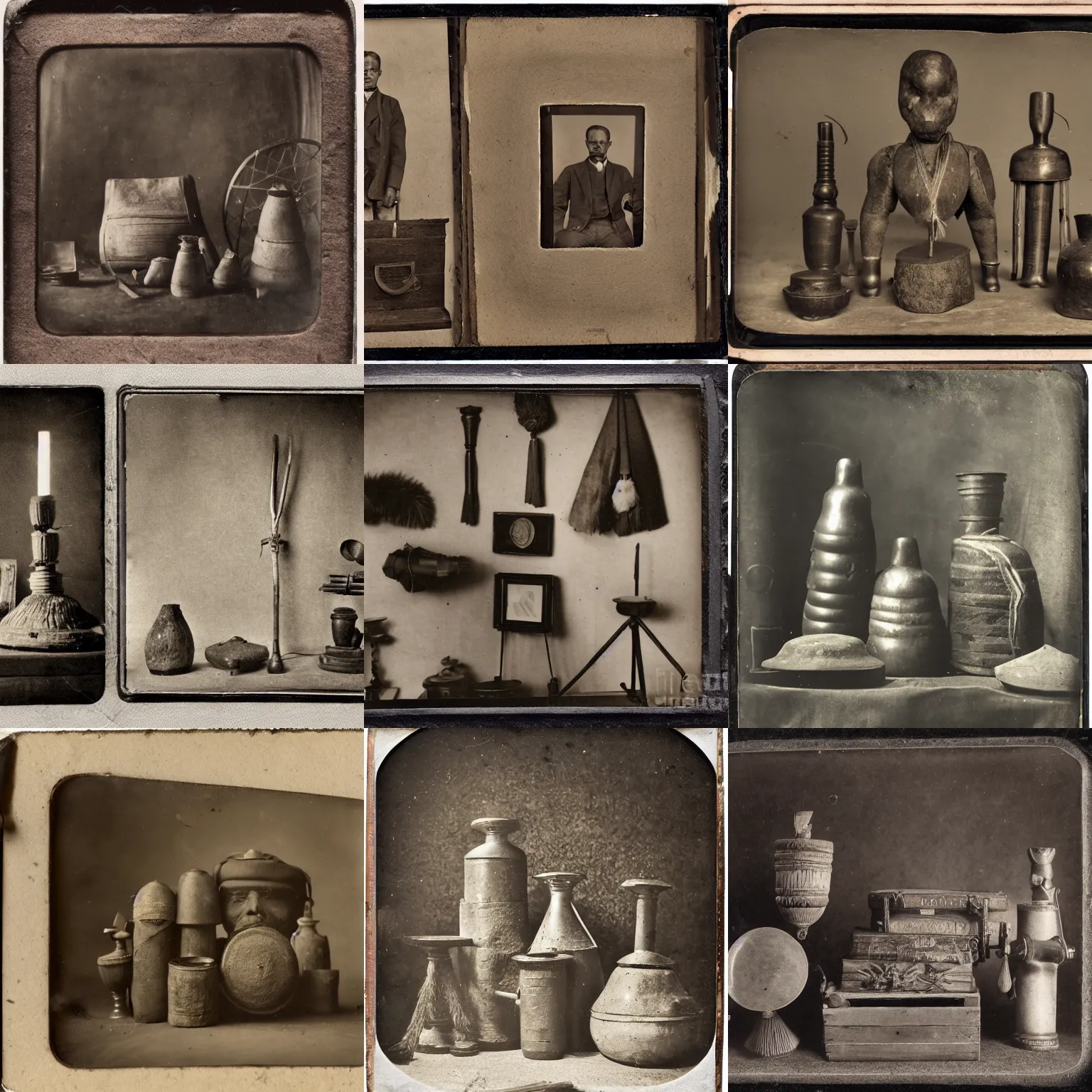 Image similar to Tintype photograph of primitive objects displayed in an ethnographic museum, archive material, anthropology, 1920s studio lighting.