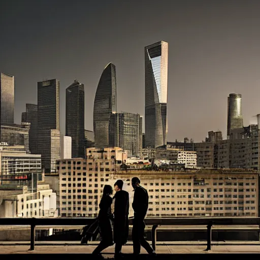 Image similar to a small rooftop with a couple of modern teenagers, standing and talking to each other, wearing black modern clothes, modern shanghai bund is on the background, sunset, by gregory crewdson, by hajime sorayama