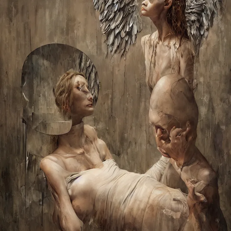 Image similar to angel watching mirror, 3 d render, esao andrews, jenny saville, surrealism, dark art by james jean, greg rutkowski