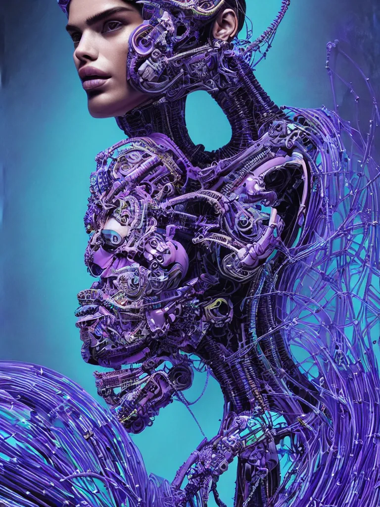 Prompt: Portrait of Sara Sampaio wearing epic bionic cyborg implants of different vibrant ultraviolet colors, detailed intricate ornate cables connected to head, by Dan Mumford and Naoto Hattori, extremely beautiful and proportionate face, in the aesthetic of mert and marcus, masterpiece, intricate, elegant futuristic wardrobe, highly detailed, digital painting, Blade Runner, artstation, concept art, crepuscular rays, smooth, sharp focus, illustration, background is made of stars and vibrant space nebula, cyberpunk colors, volumetric lighting, art by artgerm and james jean and Nick Sullo