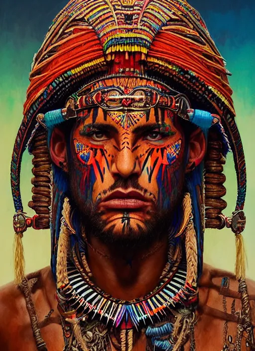 Image similar to portrait of tom ellis, hyper detailed ultra sharp aztec shaman warrior. trending on artstation, warpaint aesthetic, bloodwave, colorful, psychedelic, ornate, intricate, digital painting, concept art, smooth, sharp focus, illustration, art by artgerm and greg rutkowski and h. r. giger, 8 k