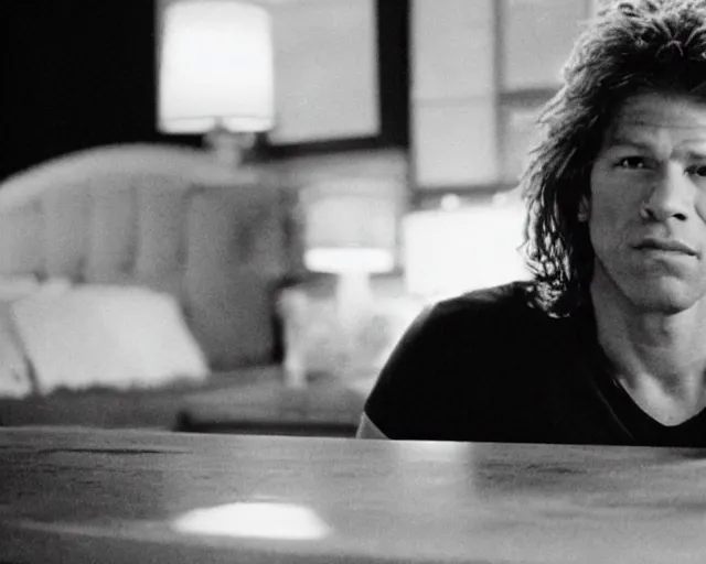 Image similar to movie still of Jon Bon jovi as Johnny in a scene from The Room, shot on Kodak 35mm film stock