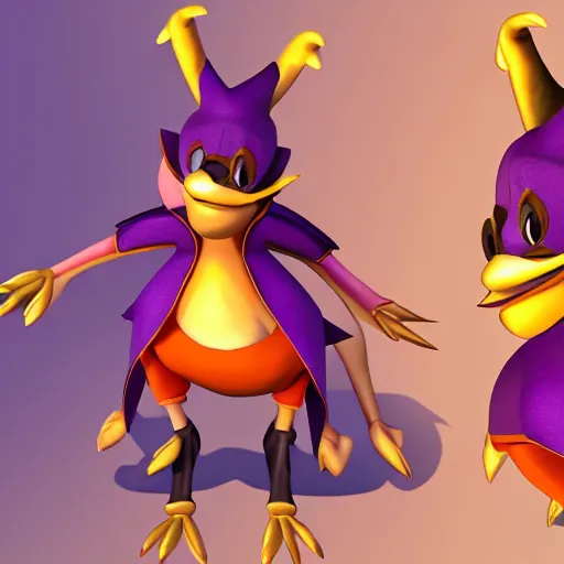 Image similar to character 3 d concept art page of a cute wacky humanoid goose with a coat as an enemy in spyro the dragon video game concept art, spyro trilogy remaster concept art, playstation 1 era graphics, activision blizzard style, 4 k resolution concept art