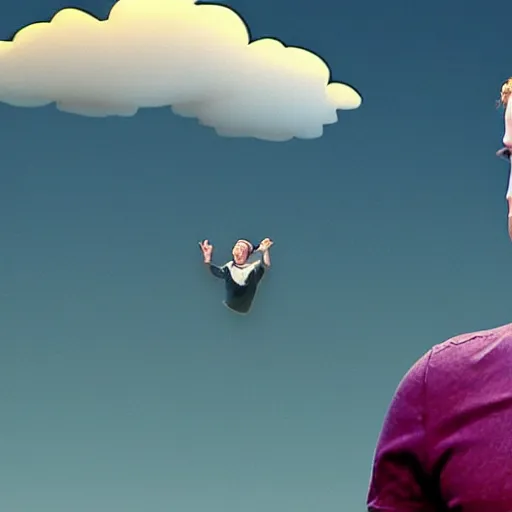 Prompt: photo of mark zuckerberg learning to fly in the clouds, realistic, highly - detailed, sharp focus, award - winning