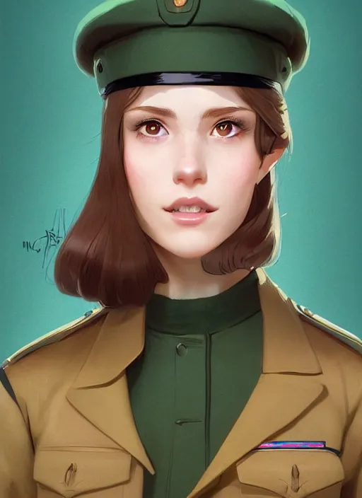 Image similar to symmetrical portrait of young woman with light brown shoulder length hair and hazel eyes dressed in a sharp dark teal military uniform and beret, smiling, ilya kuvshinov, svetlana tigai, greg rutkowski, anime, digital painting, concept art