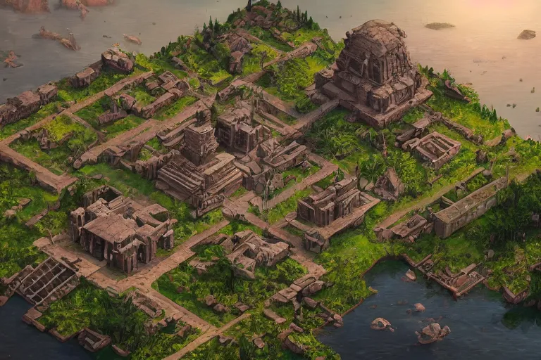 Prompt: ancient city, lake, plants, isometric art, isometric illustration, artstation, highly detailed, post processing, cinematic lighting + masterpiece