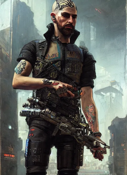 Image similar to clever Anders. cyberpunk mercenary with tattoos wearing a military vest and combat gear. (Cyberpunk 2077, bladerunner 2049). Iranian orientalist portrait by john william waterhouse and Edwin Longsden Long and Theodore Ralli and Nasreddine Dinet, oil on canvas. Cinematic, hyper realism, realistic proportions, dramatic lighting, high detail 4k