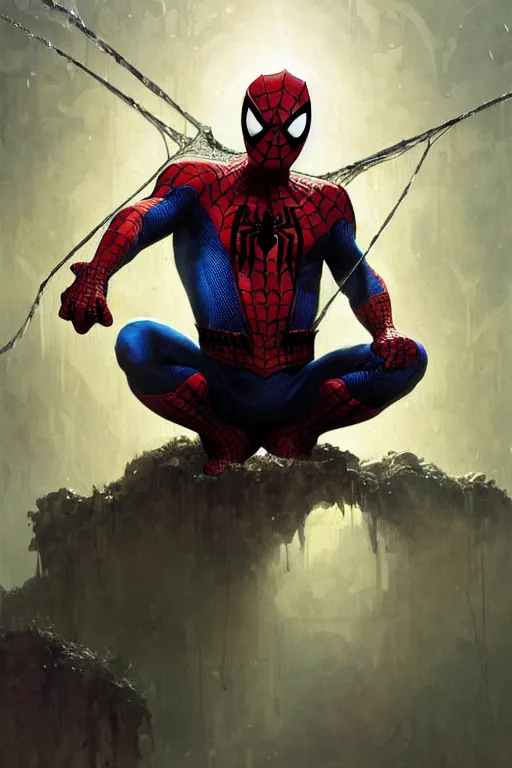 Image similar to spiderman covered with webs, legendary warrior, heroic fighter, world of warcraft, decorative ornaments, battle armor, by carl spitzweg, ismail inceoglu, vdragan bibin, hans thoma, greg rutkowski, alexandros pyromallis, perfect face, sharply focused, sharply detailed, centered, rule of thirds, realistic shading