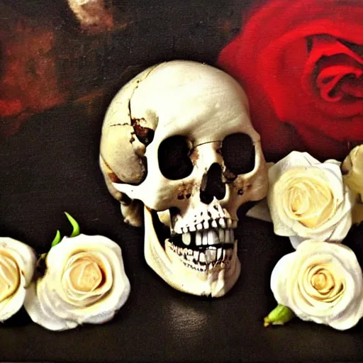 Prompt: a detailed gritty looking baroque still life oil painting of a human skull with white roses coming out of the eye sockets and and shining white diamonds sitting inside the roses, dark black rippling lace curtains behind, wide shot