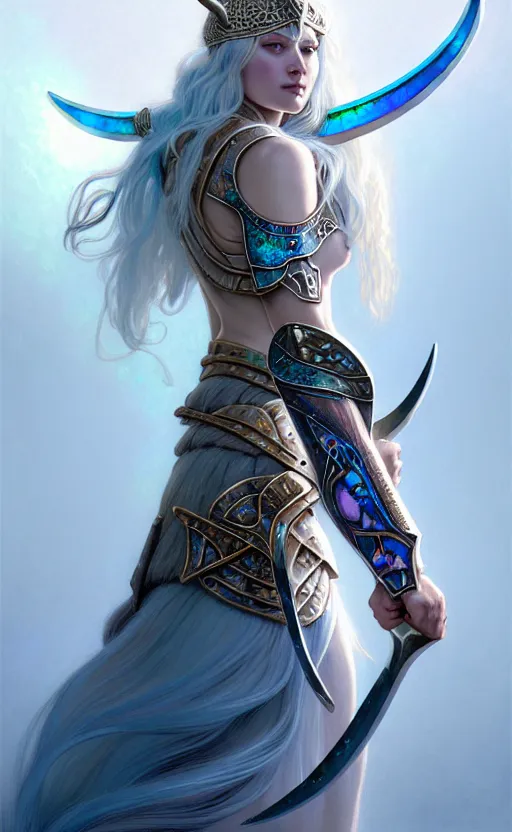 Prompt: iridescent opal viking warrior, winter, snow, morandi color scheme, hd, illustration, epic, d & d, fantasy, intricate, elegant, highly detailed, wide angle, digital painting, artstation, concept art, smooth, sharp focus, illustration, wallpaper, art by artgerm and greg rutkowski and alphonse mucha and jin xiaodi