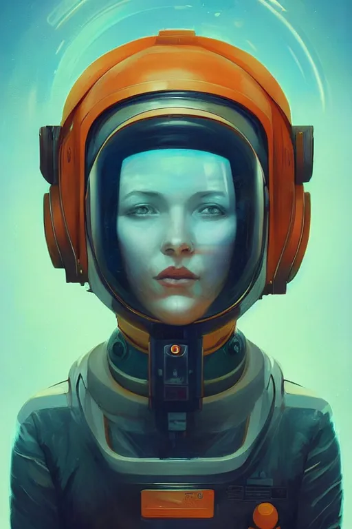 Image similar to a poster design of a portrait of a female astronaut, cyberpunk, warm color, Highly detailed labeled, poster, peter mohrbacher, featured on Artstation