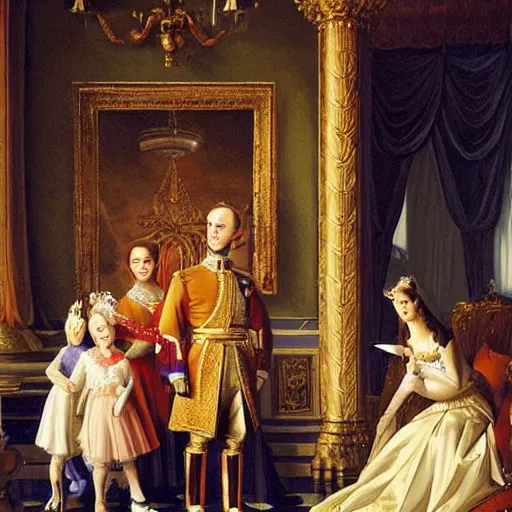 Prompt: royal family during an argument, hyper realistic painting, ultra detailed, exaggerated expressions, dynamic light, atmosphere