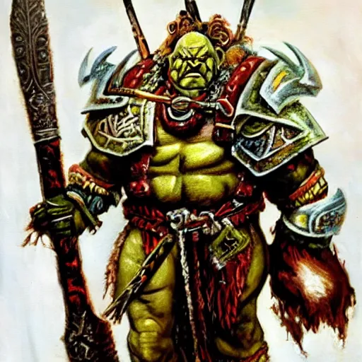 Image similar to ogre warrior wearing plated armor who is holding a battle axe in the style of warhammer fantasy : : head and torso oil painting