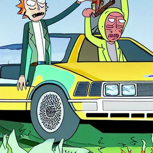 Prompt: rick and morty riding a 1983 DMC DeLorean, high quality