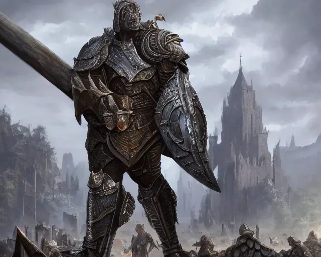 Prompt: detailed realistic dace full body portrait octane render of a muscular beautiful goliath in daedric - armor, ultra wide shot, battlehammer, poising for the camera, on an medieval gothic street, in the style of greg rutkowski and hans zatzka, digital art, sharp focus, highly realistic