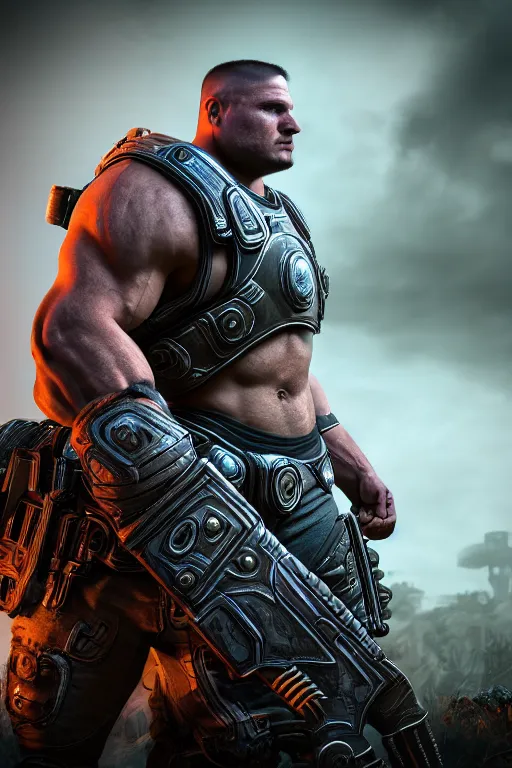 Image similar to JordanPetterson as a muscular Gears of War character, photorealism, half body, HDR ambient background, unreal engine 5, hyperrealistic, highly detailed, XF IQ4, 150MP, 50mm, F1.4, ISO 200, 1/160s, cinematic lights, Adobe Lightroom, photolab, Affinity Photo, PhotoDirector 365, realistic