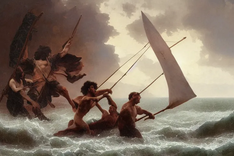 Image similar to ancient historically accurate depiction of Bible Character walking on water during a storm, a small fishing sailboat with scared sailors on board, dramatic lighting by frank miller, illustration by Ruan Jia and Mandy Jurgens and William-Adolphe Bouguereau, Artgerm, 4k, digital art, surreal, space dandy style, highly detailed, godsend, artstation, digital painting, concept art, smooth, sharp focus, illustration by Ruan Jia and Mandy Jurgens and William-Adolphe Bouguereau, Artgerm