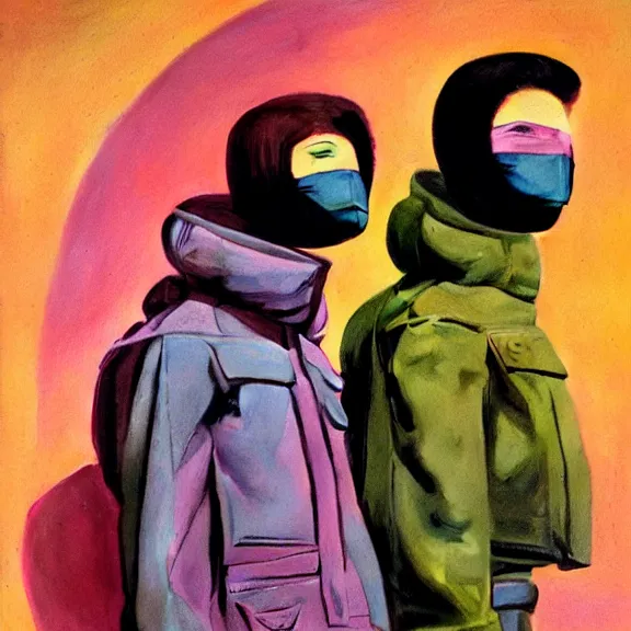 Prompt: two models in plastic space masks wearing baggy colorful 9 0 s rick owens jackets. painted by frank frazetta. sci fi book cover. pastel brutalist background.