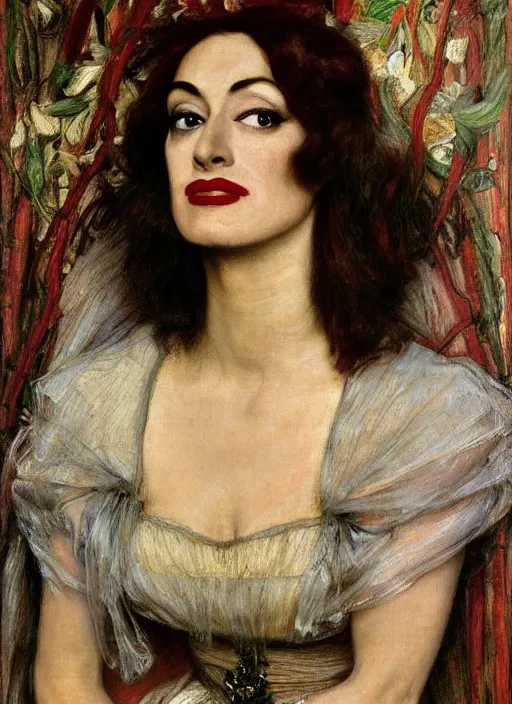Image similar to a beautiful painting of joan crawford by John Everett Millais and Dante Gabriel Rossetti and John Collier and john william waterhouse, pre-raphaelite, detailed, trending on artstation, hd, masterpiece
