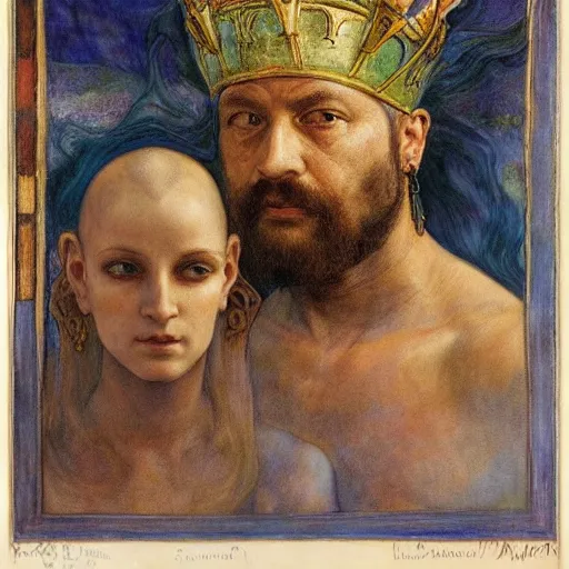 Image similar to the masked prince wearing the plasma crown, by Annie Swynnerton and Diego Rivera and Elihu Vedder, symbolist, dramatic lighting, elaborate geometric ornament, tattoos, Art Brut, soft cool colors,smooth, sharp focus, extremely detailed, Adolf Wölfli and Donato Giancola