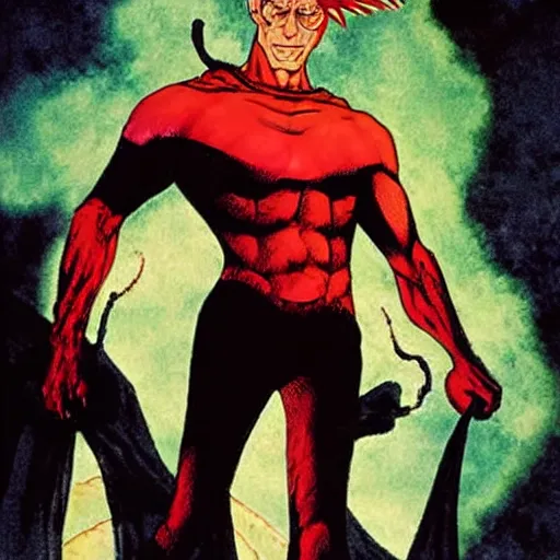 Prompt: sandman from DC comics, standing in hell facing lucifer, in the style of Jack kirby