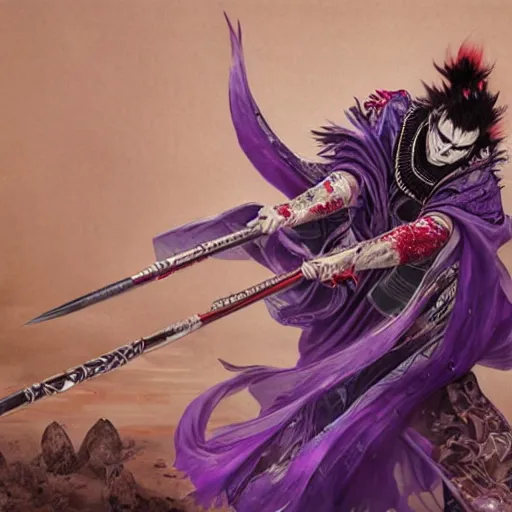 Prompt: an epic portrait of insane kabuki male wielding a spear covered in a distorting aura, intricate purple hakama, poofy red wig, eerie, highly detailed, dark fantasy, shallow depth of field, art by artgerm and greg rutkowski
